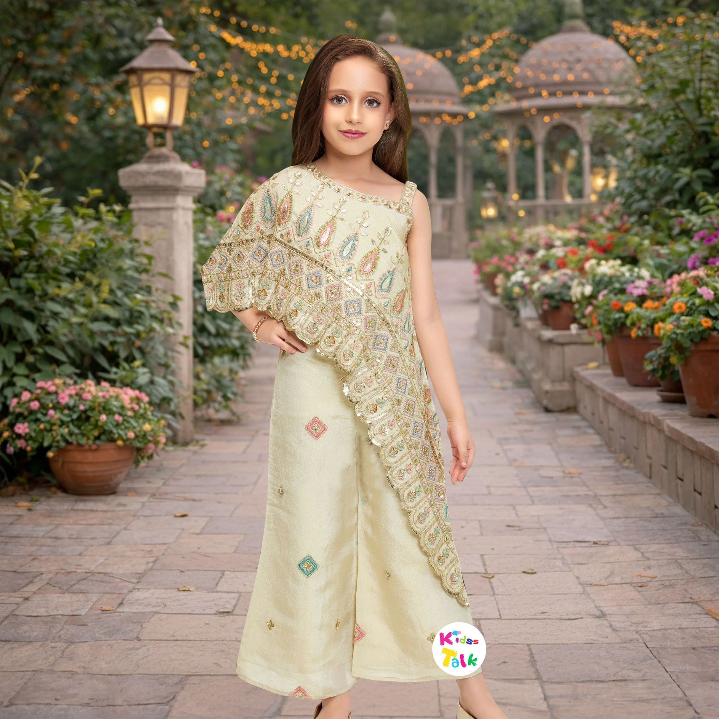 Silk Sleeveless Kurta With Zardhosi Work & Gharara - Beige